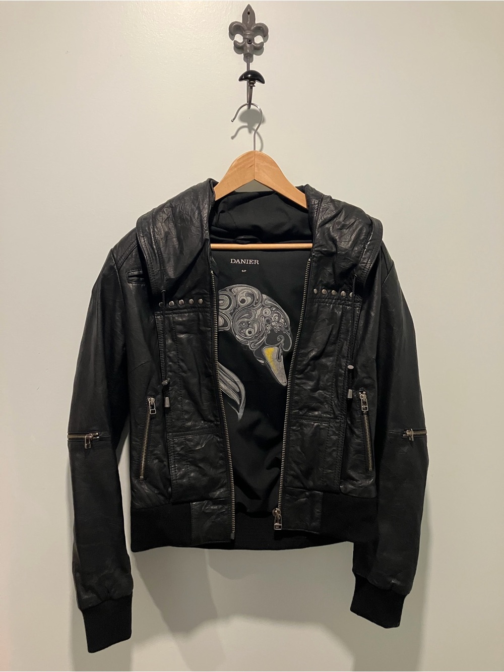 Danier Vintage Black Leather Hooded Bomber with Stud Detailing Size Small